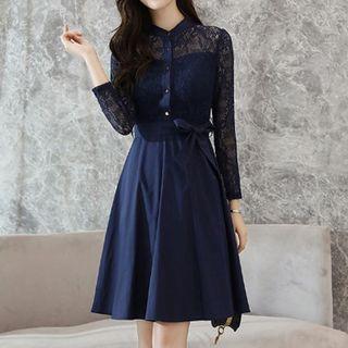 Long-sleeve Lace Panel A-line Shirt Dress