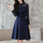 Long-sleeve Lace Panel A-line Shirt Dress