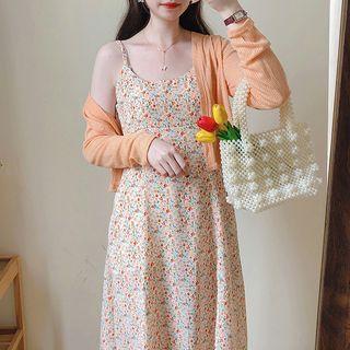 Set: Spaghetti-strap Floral Print A-line Dress + Cardigan