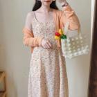 Set: Spaghetti-strap Floral Print A-line Dress + Cardigan