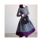 Contrast-trim Pleated-hem A-line Knit Dress