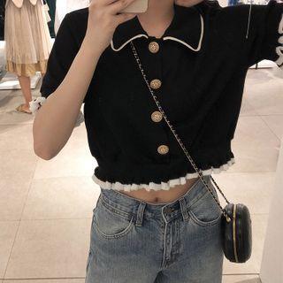 Short-sleeve Collared Ruffle Trim Knit Crop Top Black - One Size