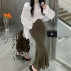 Long-sleeve Back Slit T-shirt / High-waist Plain Fish Tail Maxi Skirt