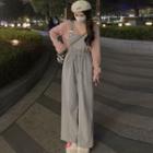 Long-sleeve V-neck Plain Knit Top / Drawstring Waist Jumper Pants