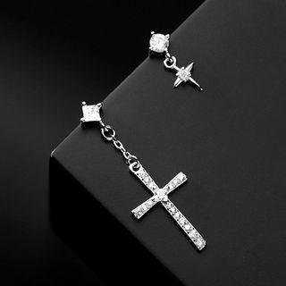 Cross Rhinestone Asymmetrical Sterling Silver Dangle Earring
