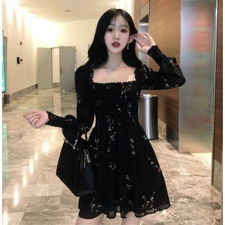 Long-sleeve Floral Print Mini A-line Mesh Dress Black - One Size