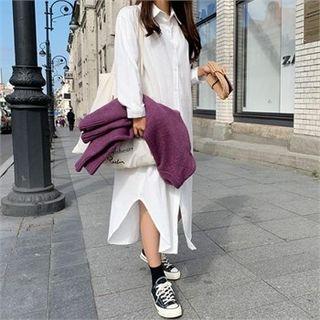 Slit-side Cotton Long Shirtdress White - One Size