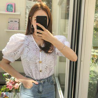 Puff-sleeve Button-trim Laced Top