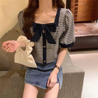 Bow-detail Square-neck Check Blouse