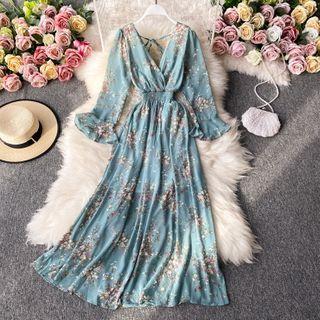 V-neck Bell-sleeve Floral Print Midi Dress
