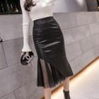 Faux Leather Panel Mesh A-line Mermaid Skirt