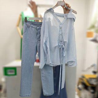 Set: Striped Blouse + High Waist Skinny Jeans