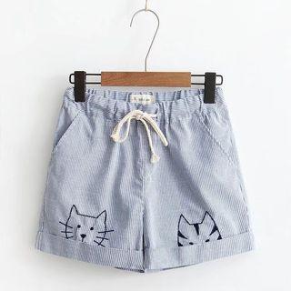 Cat Embroidered Striped Shorts