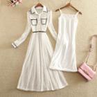 Set: Lace Long-sleeve Shirt Dress + Strappy Dress
