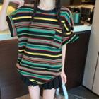 Short-sleeve Striped T-shirt Striped - Yellow & Green & Black - One Size