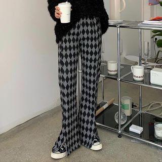 Diamond Pattern Slit-hem Straight Leg Pants Black - One Size