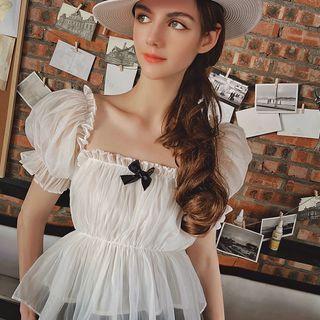 Puff-sleeve Bow Detail Peplum Blouse