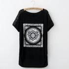 Short-sleeve Lace-panel Printed Top