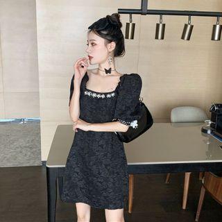 Square-neck Puff-sleeve Studded A-line Dress
