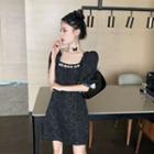 Square-neck Puff-sleeve Studded A-line Dress