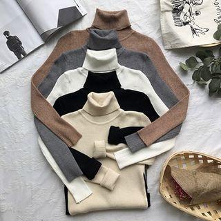 Plain Mock-neck Slim-fit Long-sleeve Sweater