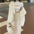 Short-sleeve Cutout Knit Crop Top / Fluffy Jacket / Wide Leg Pants