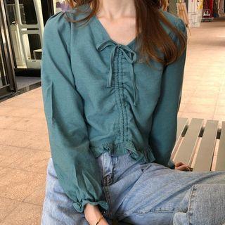 Flare-cuff Ruffled Drawstring Blouse