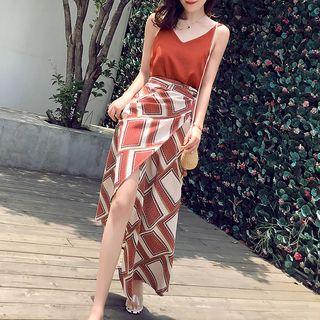 Set: Camisole Top + Print A-line Maxi Wrap Skirt