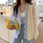 Open Front Wave Trim Plaid Panel Cable Knit Cardigan Blue & White - One Size