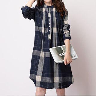 Plaid Half-placket Long-sleeve Shift Dress