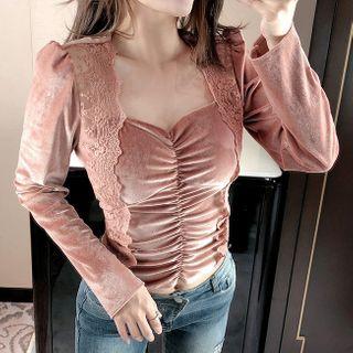 Lace Panel Shirred Velvet Cropped Top