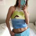 Dolphin Jacquard Knit Tank Top Beige & Green & Blue - One Size