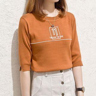 Letter Embroidered Elbow Sleeve Knit Top
