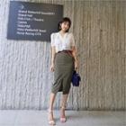 Slit-front Pinstripe Pencil Skirt With Belt