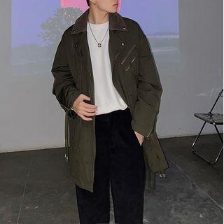Lace-up Zipped Long Coat