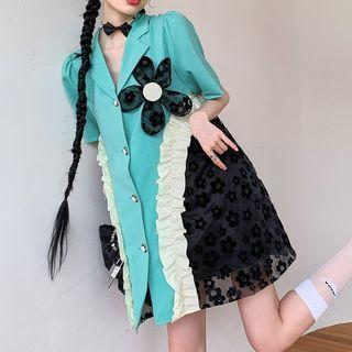 Elbow-sleeve Ruffled Lace Panel Mini Dress