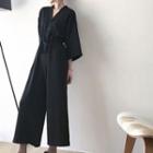 3/4-sleeve V-neck Jumpsuit