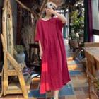 Elbow-sleeve Midi A-line Dress Red - One Size