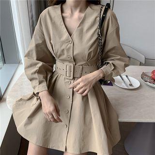 Long-sleeve Plain A-line Dress Khaki - One Size