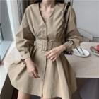 Long-sleeve Plain A-line Dress Khaki - One Size