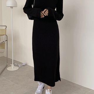 Turtle-neck Slit-side Knit Long Dress