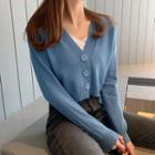 V-neck Plain Single-breasted Long-sleeve Crop Knitted Top