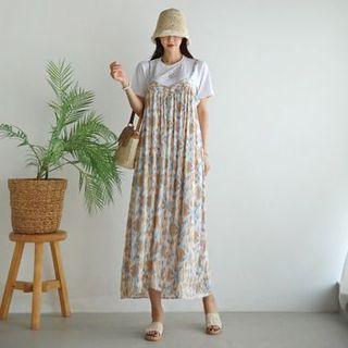 Shirred Printed Maxi Overall Dress