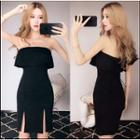 Off Shoulder Slit-front Sheath Dress