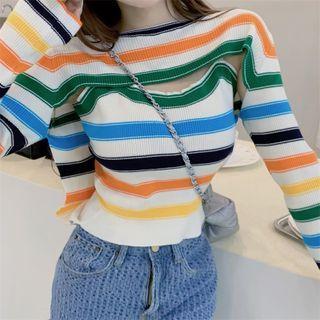 Mock Two-piece Striped Sweater Green & Yellow & Blue Stripes - White - One Size