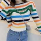Mock Two-piece Striped Sweater Green & Yellow & Blue Stripes - White - One Size