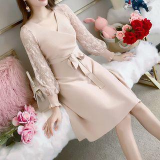 Lace Panel Long-sleeve Knitted A-line Dress