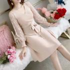 Lace Panel Long-sleeve Knitted A-line Dress