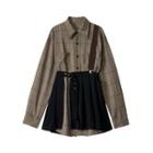 Set: Plaid Mini A-line Shirtdress + Mini A-line Wrap Skirt Plaid Shirtdress - Brown - One Size / Skirt - Black - One Size