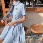 Embroidered Short-sleeve Collared Dress Blue - One Size
